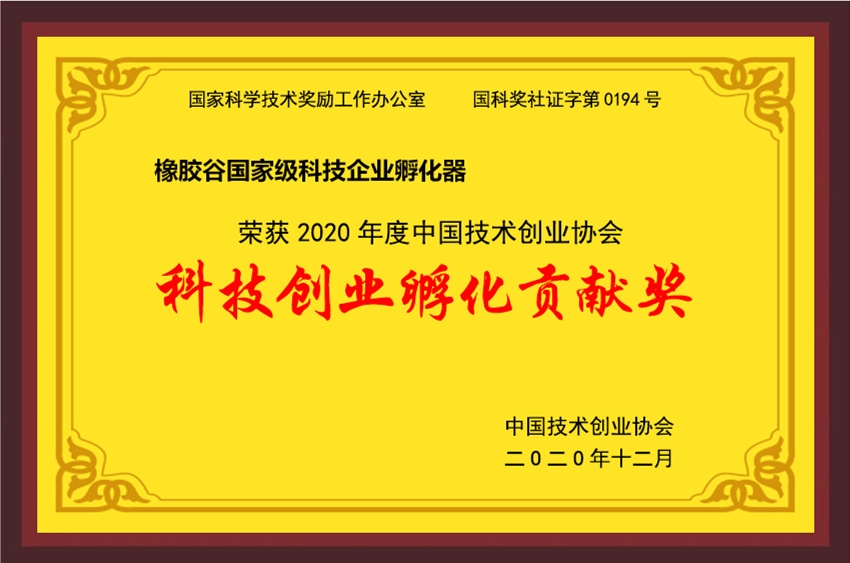 中国技术创业协会-2020年度科技创业孵化贡献奖-橡胶谷国家级科技企业孵化器-2020.12